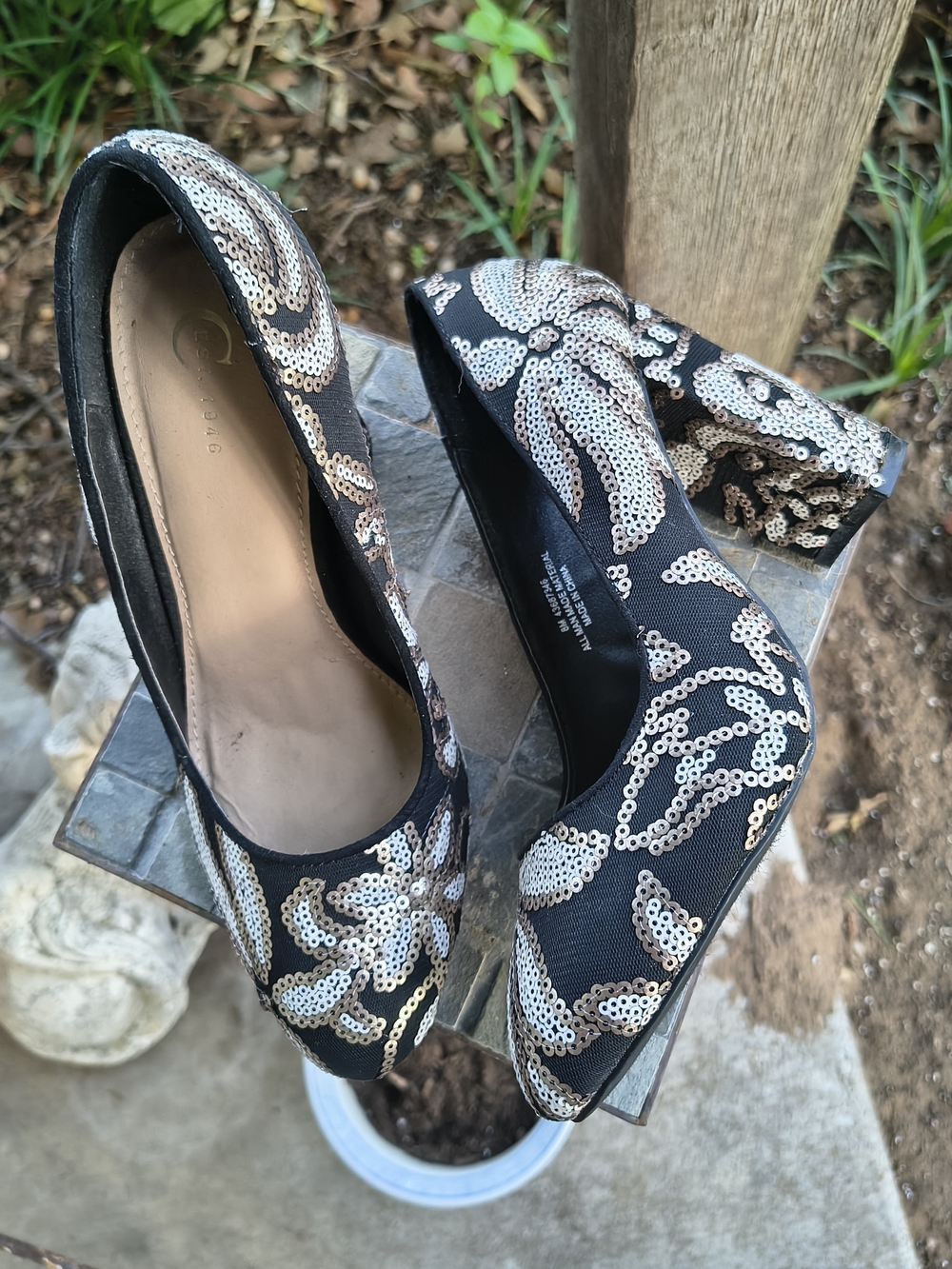 Sequined Black Block Heel Pumps with Gold & Silver Accents